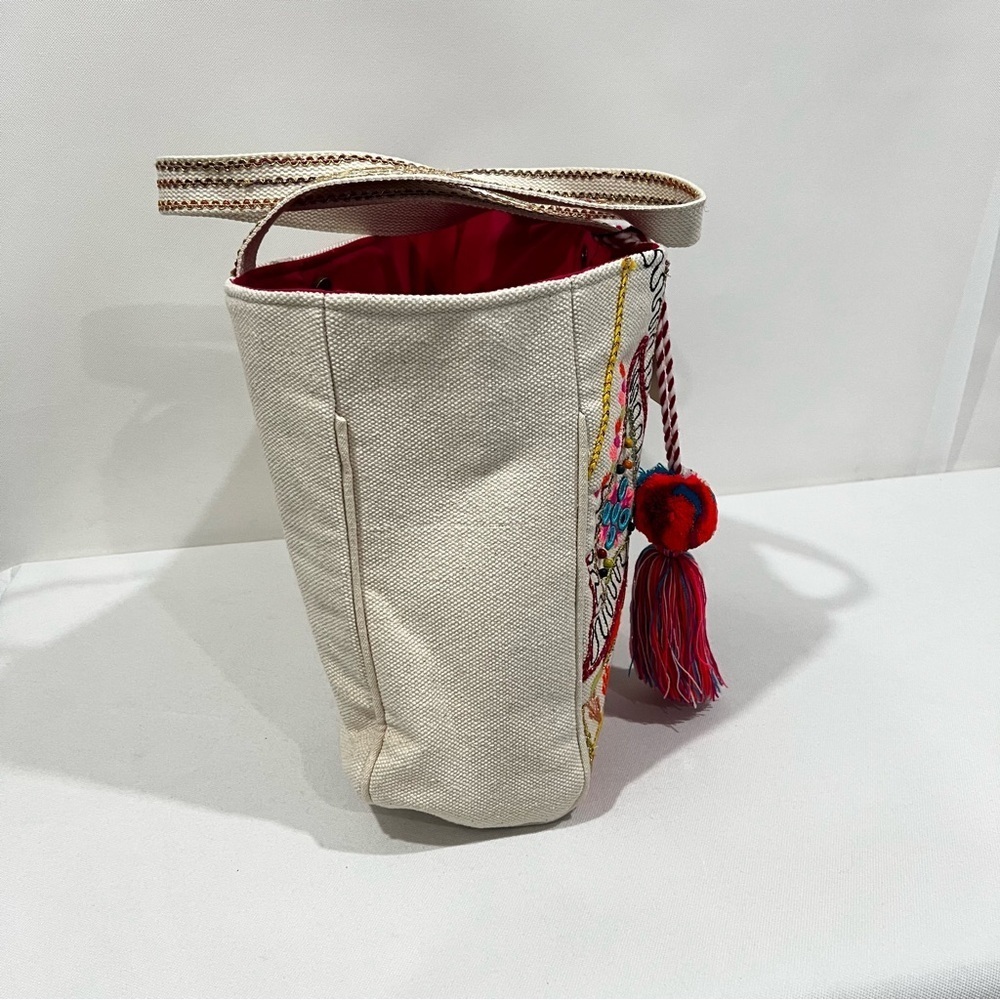 Heavy Canva Tote Embroidered Cream Bag Pom Pom Lined Aztec Print Multicolored - Picture 4 of 11
